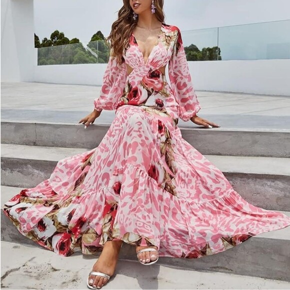 Giffniseti Dresses & Skirts - Giffniseti pink leopard print long sleeve cut out side ruffle hem maxi dress